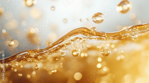 A smooth golden curve of liquid with sparkling light bokeh, creating an impression of elegance and serenity in a contemporary abstract image. photo