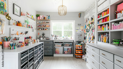 A bright and organized craft room filled with supplies for creative projects.