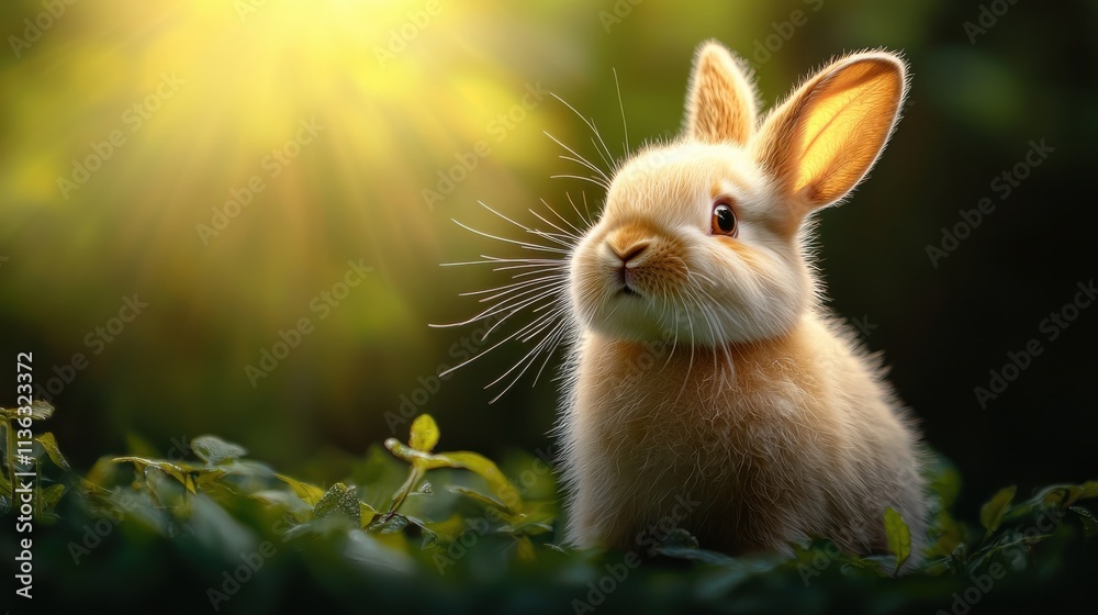 Fototapeta premium Fluffy White Rabbit in Soft Fur Illuminated by Sunlight
