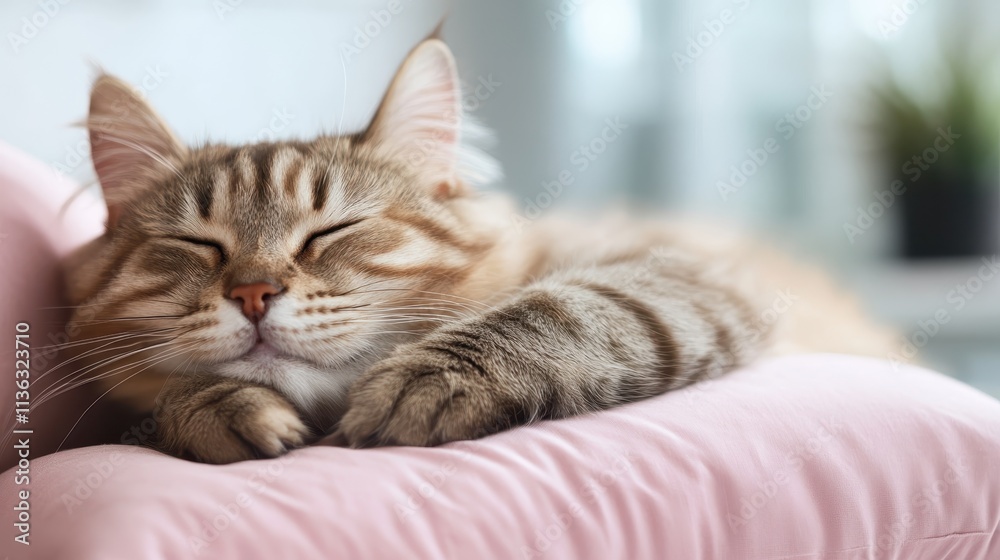 A cute, comfortable-looking tabby cat lies asleep on a plush pink cushion inside, emanating warmth, tranquility, and a sense of cozy companionship. A cute, comfortable-looking tabby cat lies asleep on a plush pink cushion inside, emanating warmth, tranquility, and a sense of cozy companionship.