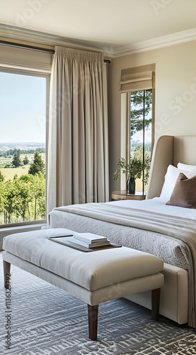 A serene bedroom with a view, featuring a bed, bench, and large window overlooking nature.