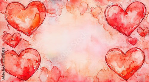 Watercolor red hearts on a pink background, with empty space in the center as a placeholder for any text or design, festive St. Valentine's Day postcard vibes