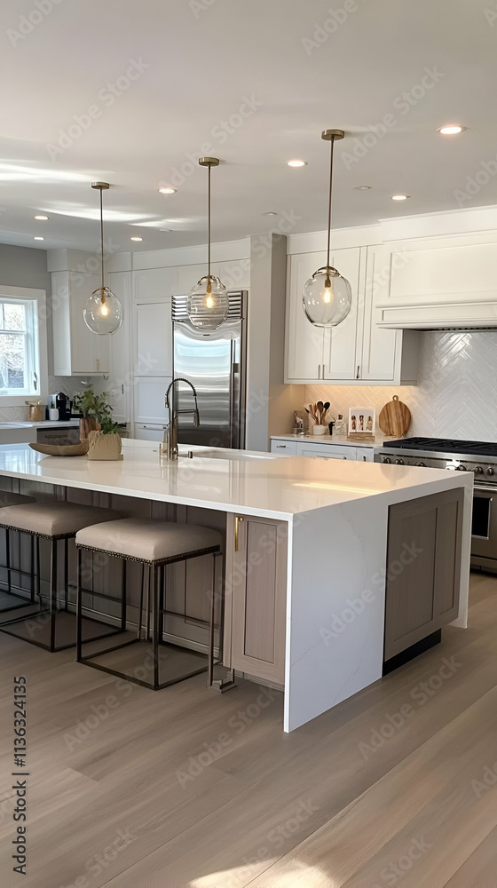 Modern kitchen with an island, pendant lights, and sleek appliances. Modern kitchen with an island, pendant lights, and sleek appliances.