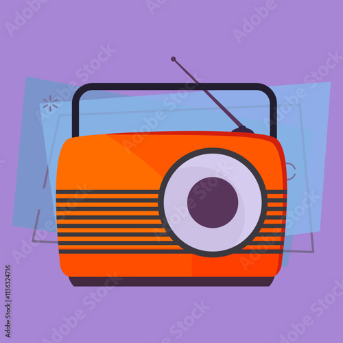 Portable vintage radio receiver. Orange set with speaker, antenna, volume control and handle. Vector illustration can be used for topics like news listening, broadcasting, fm channel