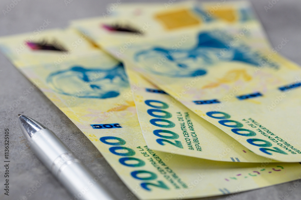 20,000 thousand Argentine pesos. New banknotes Argentina. Financial business concept, close up