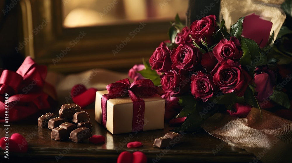 Obraz premium Romantic gift scene, red roses bouquet, chocolates, present with ribbon, cozy atmosphere, valentines day vibe