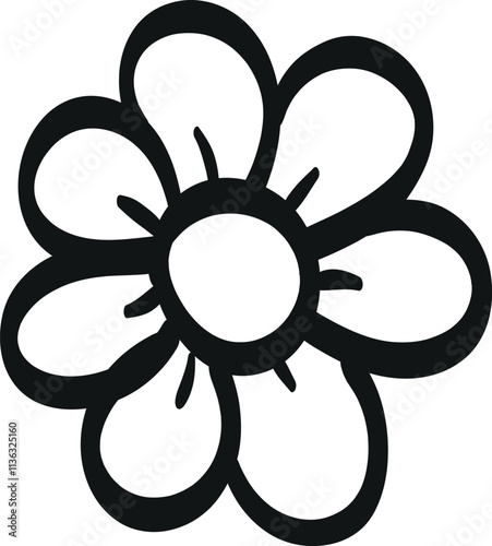 Black and white line drawing of a flower with a circular center and seven rounded petals.
