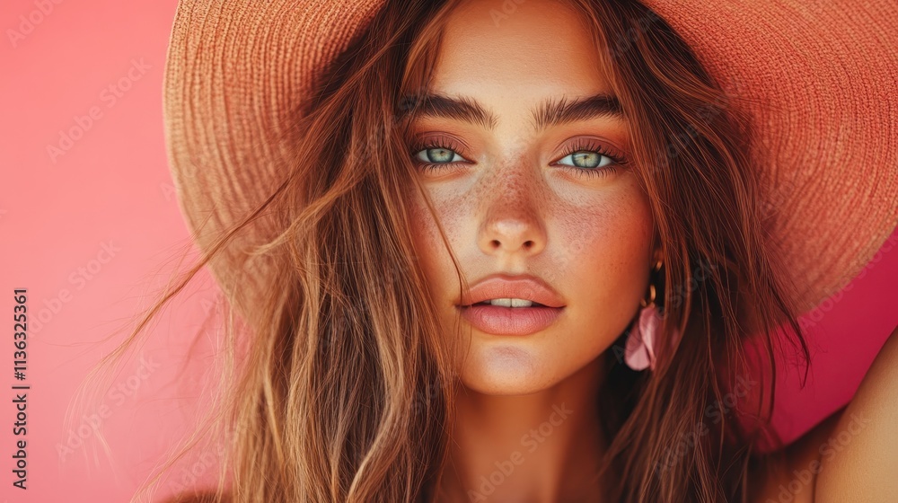 Fototapeta premium A captivating portrait of a woman with freckles wearing a stylish sunhat, set against a warm peach backdrop, exuding natural beauty and grace.