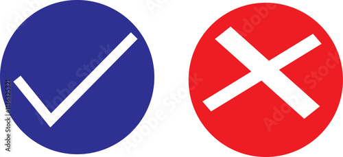  check mark and red cross icon.Set of simple icons in flat style: Yes-No, Approved-Disapproved, Accepted-Rejected, Right-Wrong, Correct-False, Green-Red, Ok-Not Ok. Vector illustration.