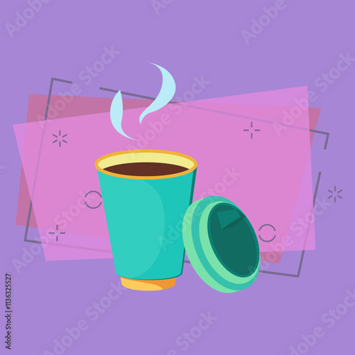 Steaming cup of coffee. Blue paper disposable cup with black coffee and plastic lid. Takeaway cups concept. Vector illustration can be used for topics like morning, coffee break, breakfast outdoors