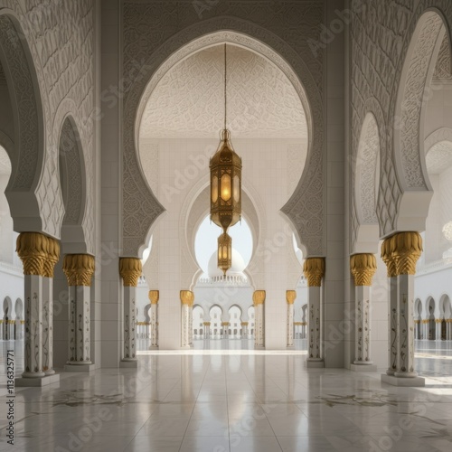Wallpaper Mural Islamic architecture, white marble arches, intricate geometric patterns, ornate columns, golden lantern, symmetrical design, ethereal light, Moorish style, grand interior, serene atmosphere, high ceil Torontodigital.ca