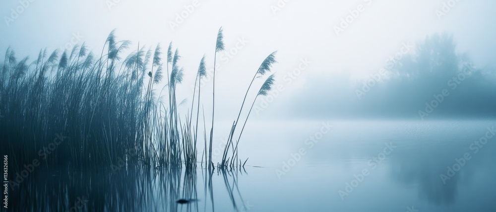 Mist shrouds a quiet lake with sparse reeds, creating a mystical, ethereal ambiance that exudes calmness and introspection.