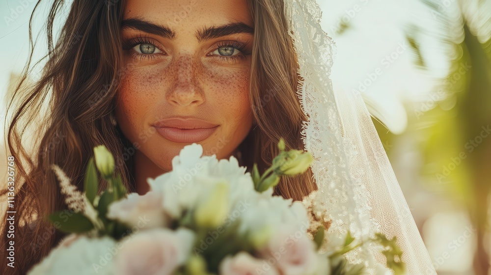 Obraz premium A close-up portrait of a freckled bride holding her wedding bouquet with a gentle smile, capturing her natural beauty and joyful emotion on this memorable occasion.