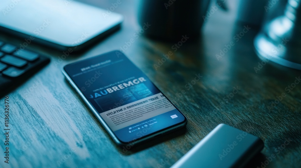 Close-up of a smartphone displaying an American business news headline, a US brand power bank lying beside it Close-up of a smartphone displaying an American business news headline, a US brand power bank lying beside it