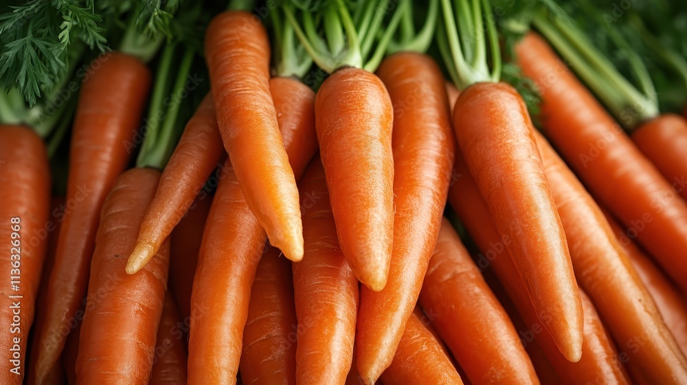 Freshly picked vibrant orange carrots with lush green leafy tops stacked together, symbolizing health, nutrition, and wholesome living in a rustic setting. Freshly picked vibrant orange carrots with lush green leafy tops stacked together, symbolizing health, nutrition, and wholesome living in a rustic setting.