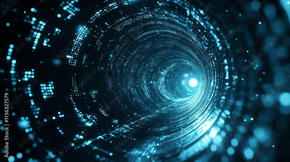 Light particles emanate from a digital tunnel creating a futuristic atmosphere Light particles emanate from a digital tunnel creating a futuristic atmosphere