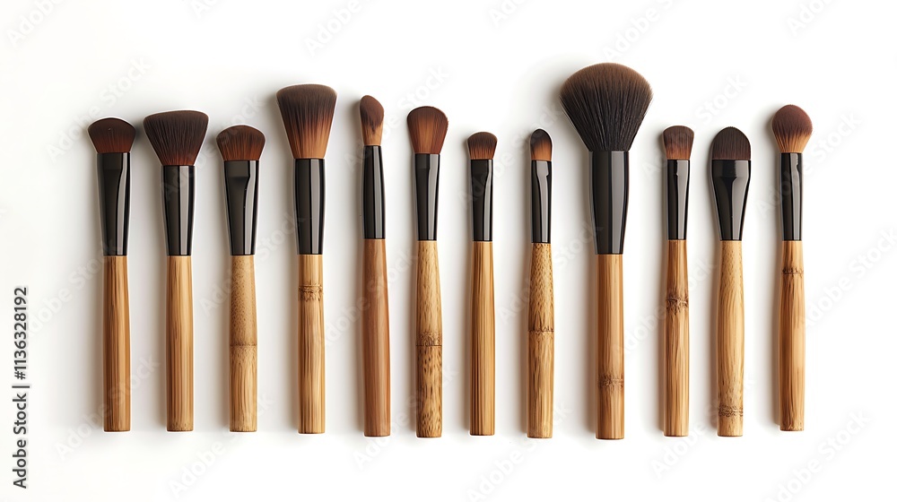 Eco-friendly bamboo makeup brushes, neatly arranged on white. Eco-friendly bamboo makeup brushes, neatly arranged on white.