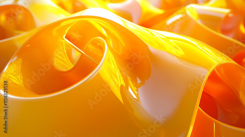 A high-definition render of interconnected yellow and orange 3D shapes forming an intricate abstract structure, with a futuristic aesthetic. The lighting highlights the glossy surfaces photo