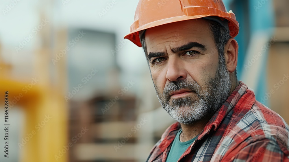 Close-up portrait of a serious construction worker wearing a hard hat. Close-up portrait of a serious construction worker wearing a hard hat.