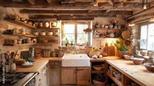 Cozy Rustic Kitchen with Shelves, Natural Light and Wooden Accents