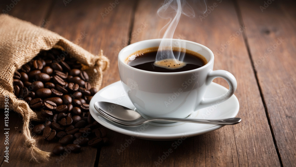 Espresso Coffee Cup with Coffee Beans on Wooden Table. Espresso Coffee Cup with Coffee Beans on Wooden Table.