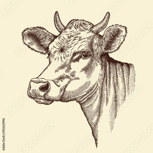 Farm cow head isolated vector illustration. Farm animal, vintage graphic style