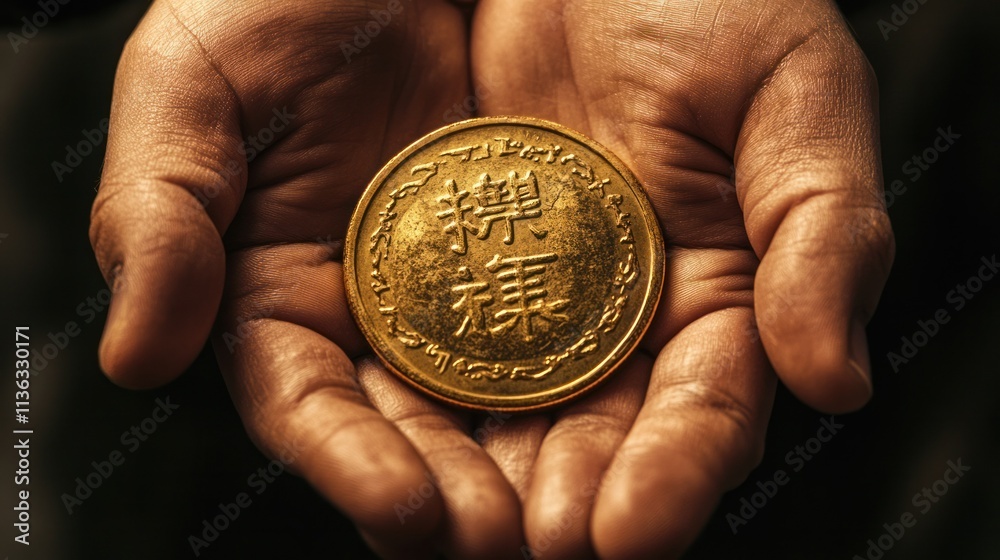 Close-up of hands holding a gold coin with Asian characters, symbolizing investment and prosperity in business deals Close-up of hands holding a gold coin with Asian characters, symbolizing investment and prosperity in business deals