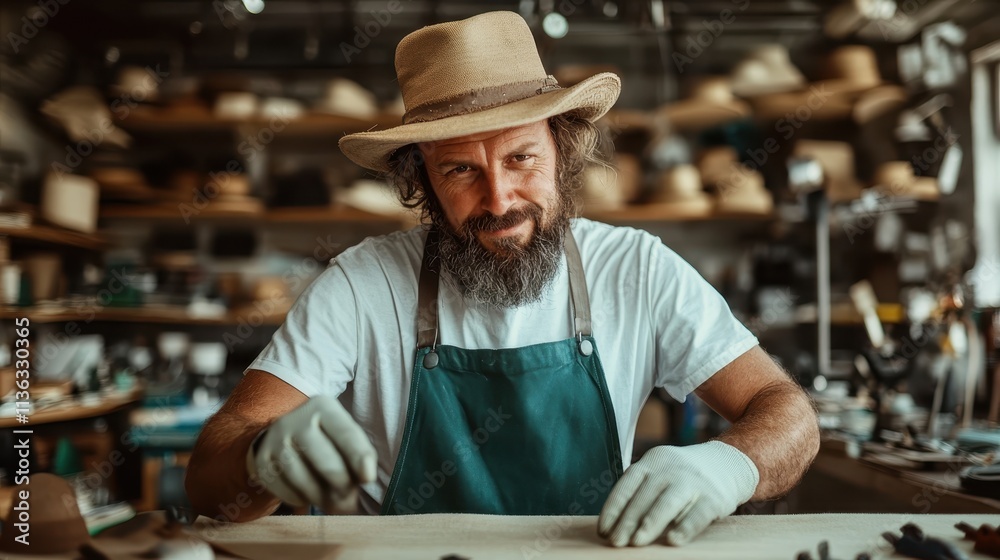 A bearded craftsman sits in his workshop, wearing a light hat and apron, meticulously working on his hat creations. The space is filled with hats of different styles. A bearded craftsman sits in his workshop, wearing a light hat and apron, meticulously working on his hat creations. The space is filled with hats of different styles.