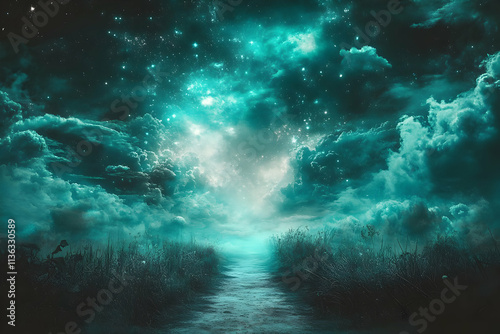 Wallpaper Mural Mystical night scene with glowing clouds, starry sky, and path. Torontodigital.ca