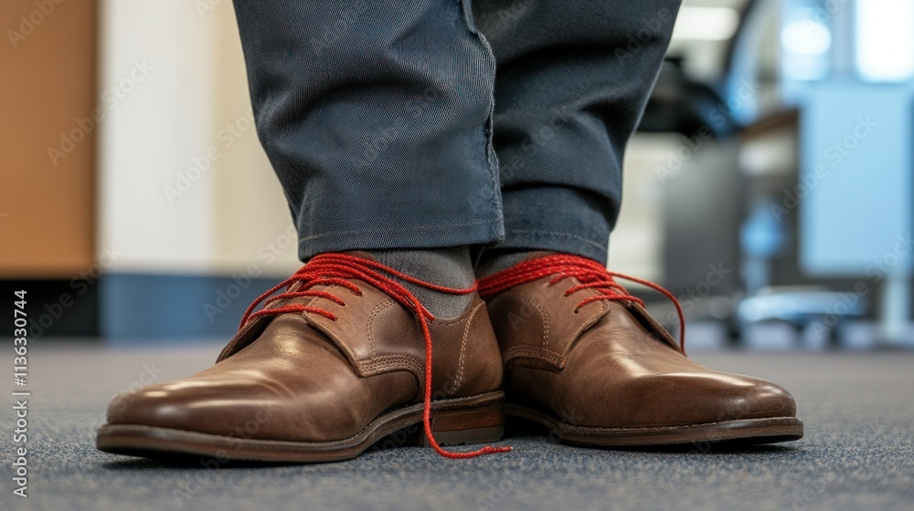 Close-up of polished shoes on an office floor, a red thread bracelet on the ankle indicating a subtle cultural talisman Close-up of polished shoes on an office floor, a red thread bracelet on the ankle indicating a subtle cultural talisman
