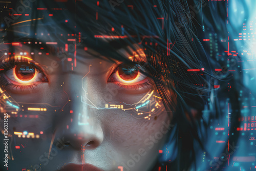 Future woman with cyber technology eye panel concept.