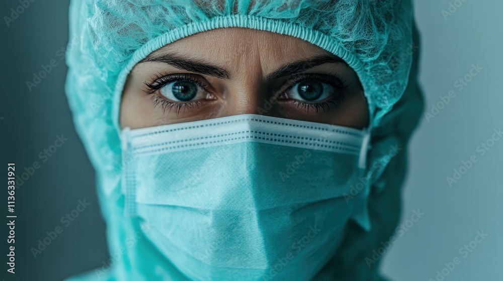 Close-up image of a woman with expressive eyes, wearing a medical mask and a surgical cap, reflecting focus and dedication in a healthcare setting.