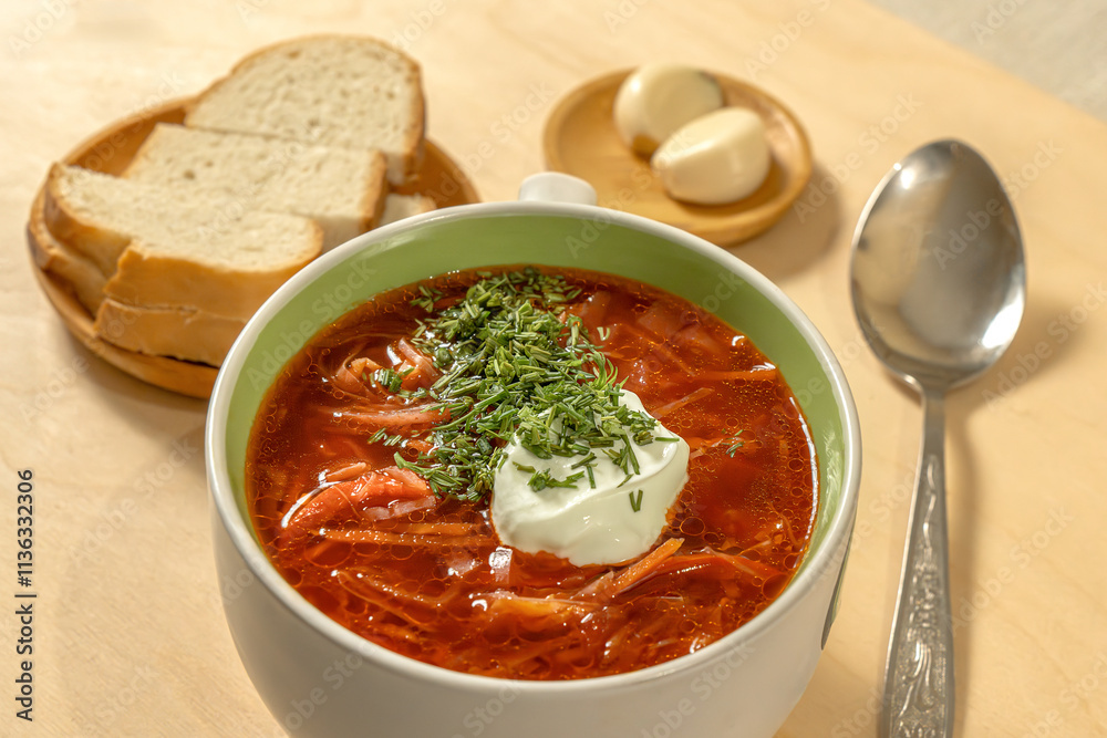 Vegetable soup without meat with sour cream and greens in a plate with bread, salt and garlic on a wooden background. Cabbage soup. Borsch Vegetable soup without meat with sour cream and greens in a plate with bread, salt and garlic on a wooden background. Cabbage soup. Borsch