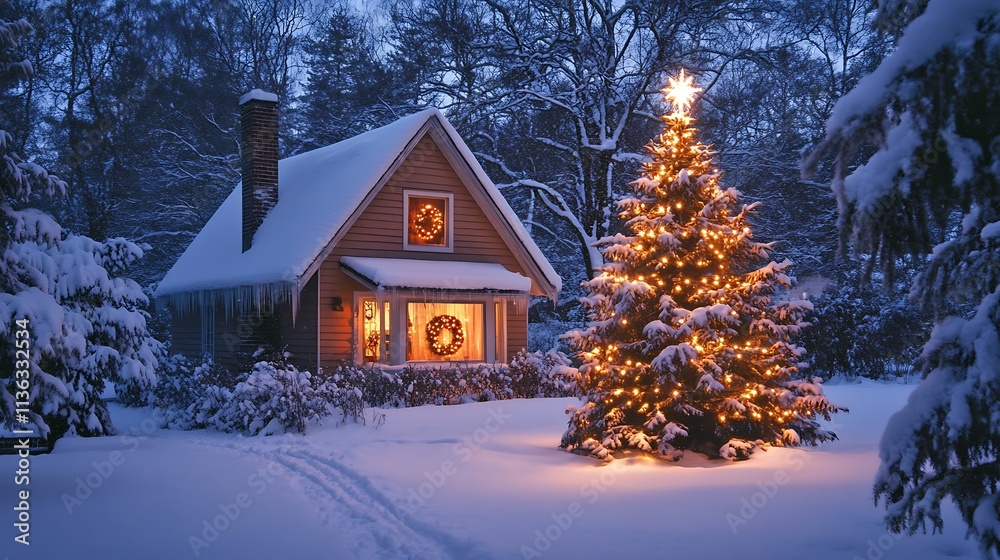 Charming snow-covered house with warm chimney glow and a sparkling festive Christmas tree inside Charming snow-covered house with warm chimney glow and a sparkling festive Christmas tree inside