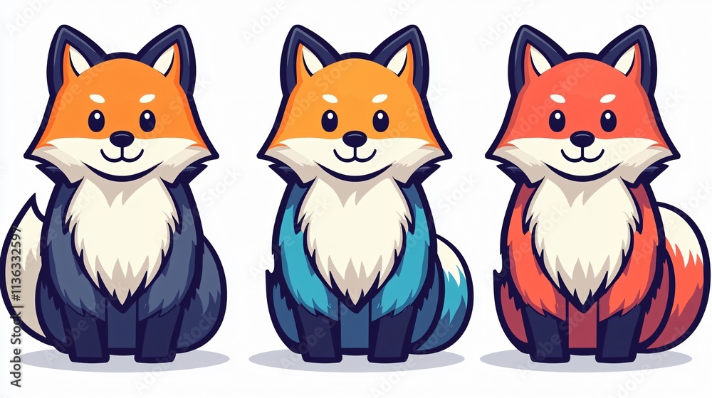 Fototapeta premium Three cute cartoon foxes with varied colors and expressions.