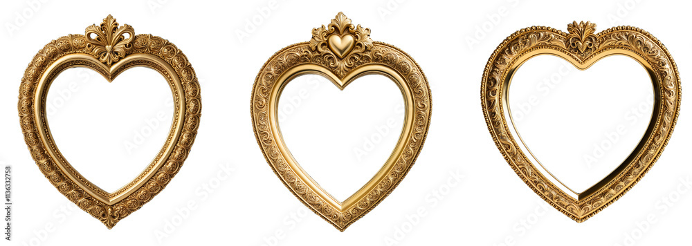 Set of gold heart frames with intricate scrollwork and floral detailing on a transparent background Set of gold heart frames with intricate scrollwork and floral detailing on a transparent background