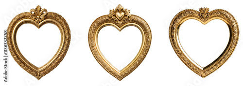 Set of gold heart frames with intricate scrollwork and floral detailing on a transparent background