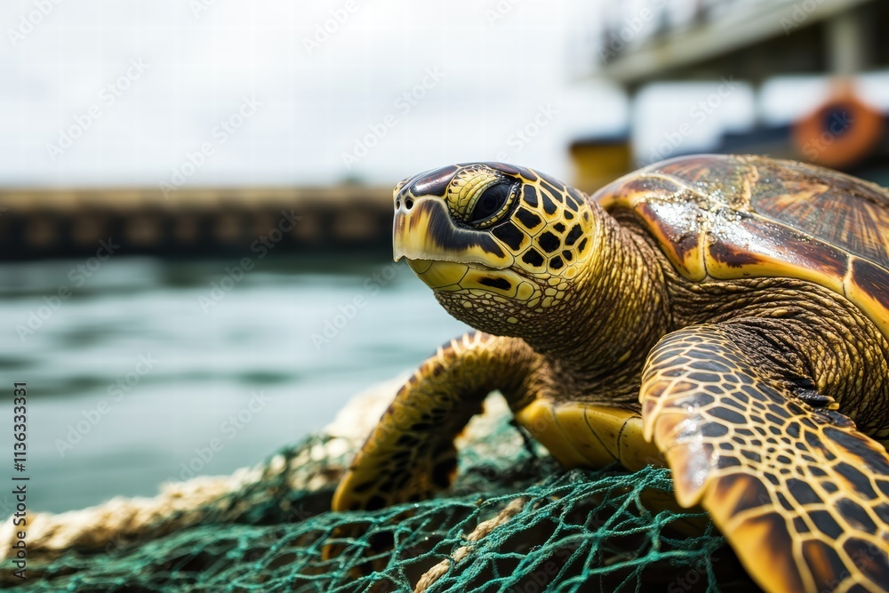 Rescuing a turtle tangled in a fishing net on the coastline during a sunny day Rescuing a turtle tangled in a fishing net on the coastline during a sunny day