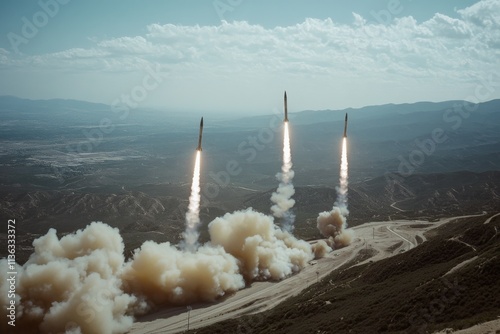 Rockets ascend in unison, trailing plumes of smoke over a sunlit expanse, epitomizing synchronized prowess and technical achievement. photo