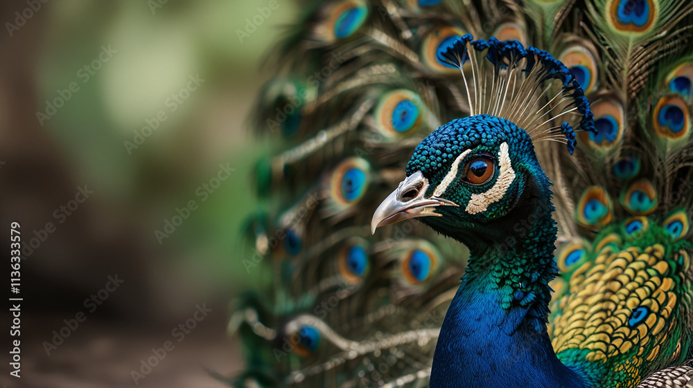 Obraz premium A male peacock showing its beauty up close