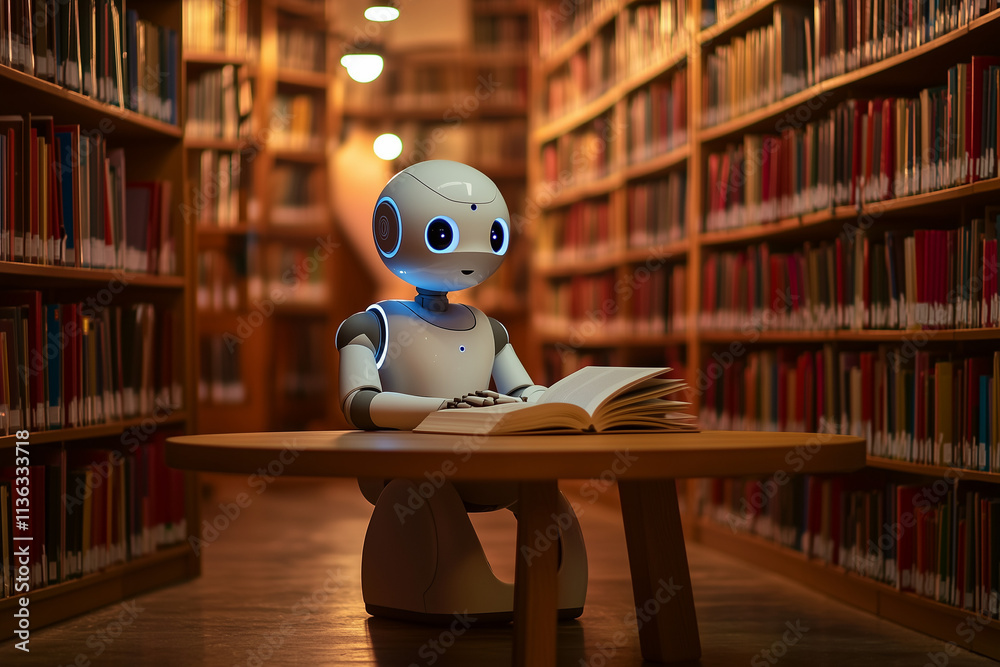 A humanoid robot sitting at a sleek modern library table, holding an open book, surrounded by shelves of glowing digital and traditional books. A humanoid robot sitting at a sleek modern library table, holding an open book, surrounded by shelves of glowing digital and traditional books.