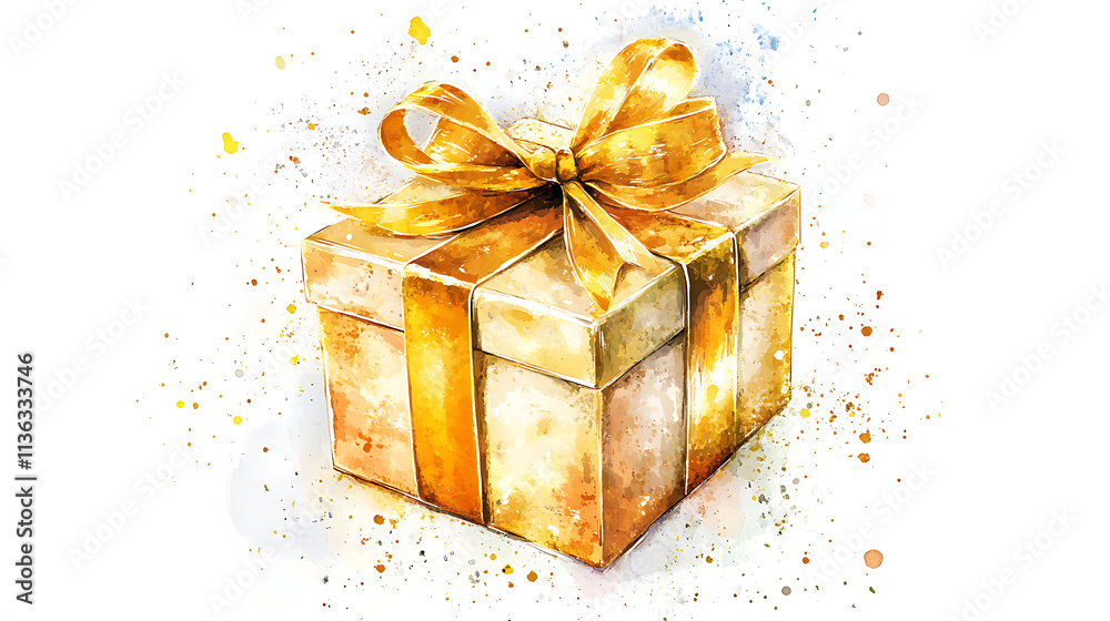 Golden Gift Box Watercolor Art Golden Gift Box Watercolor Art