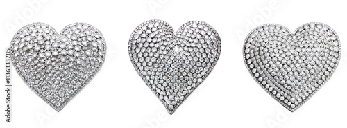 Set of silver hearts with diamond accents on a transparent background