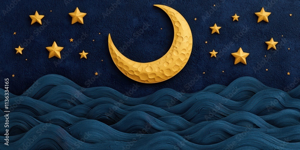 custom made wallpaper toronto digitalA serene night sky featuring a textured crescent moon, golden stars, and rolling waves in deep blue hues creates a calming and whimsical atmosphere.