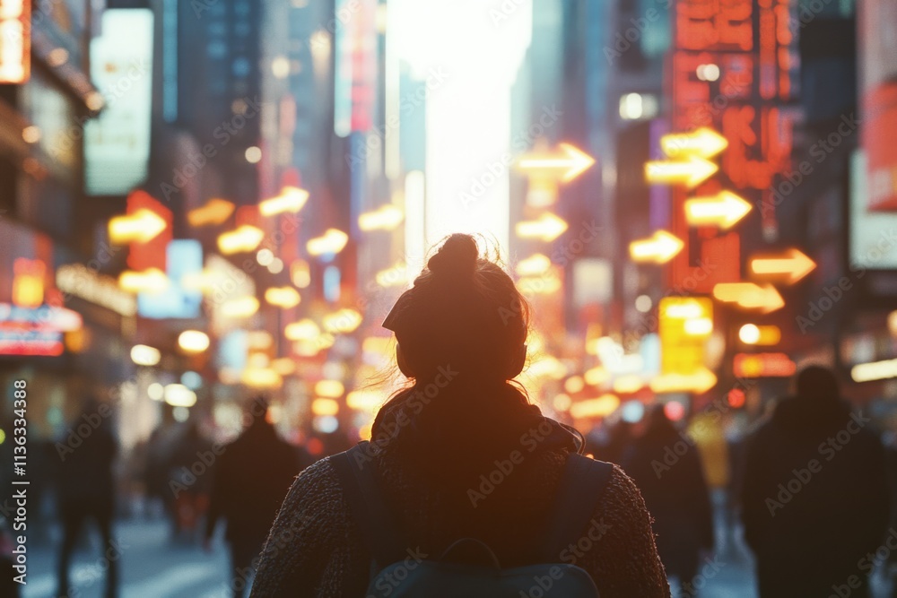 Fototapeta premium A cityscape glows under vibrant, neon-illuminated signs, bustling with life and direction.