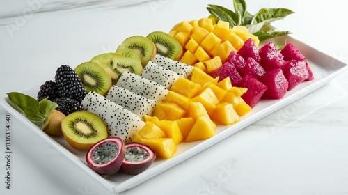 Fresh Cut Fruits, Colorful Fruit Platter, Kiwi Dragon Fruit Mango Passion Fruit Blackberries, Healthy Snacks, Bright Vibrant photo