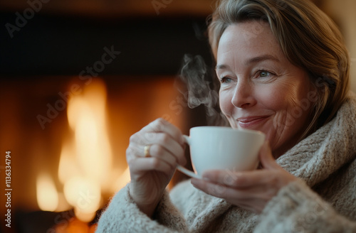 Woman in a robe, sitting by a fireplace, sipping tea 