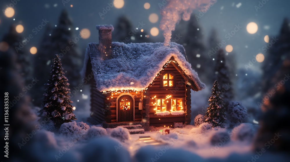 Fototapeta premium Cozy winter home with smoke rising softly from the chimney and a glowing festive Christmas tree inside