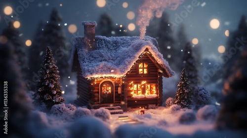 Wallpaper Mural Cozy winter home with smoke rising softly from the chimney and a glowing festive Christmas tree inside Torontodigital.ca