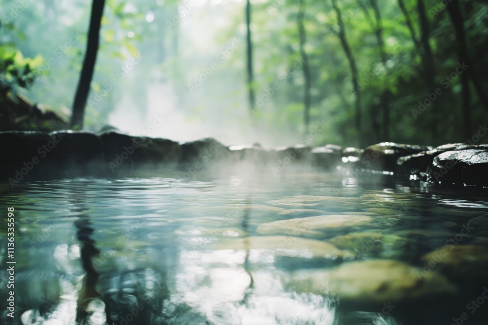 Mist drifts gently over a serene natural hot spring surrounded by lush forest, creating a secluded, tranquil escape. Mist drifts gently over a serene natural hot spring surrounded by lush forest, creating a secluded, tranquil escape.